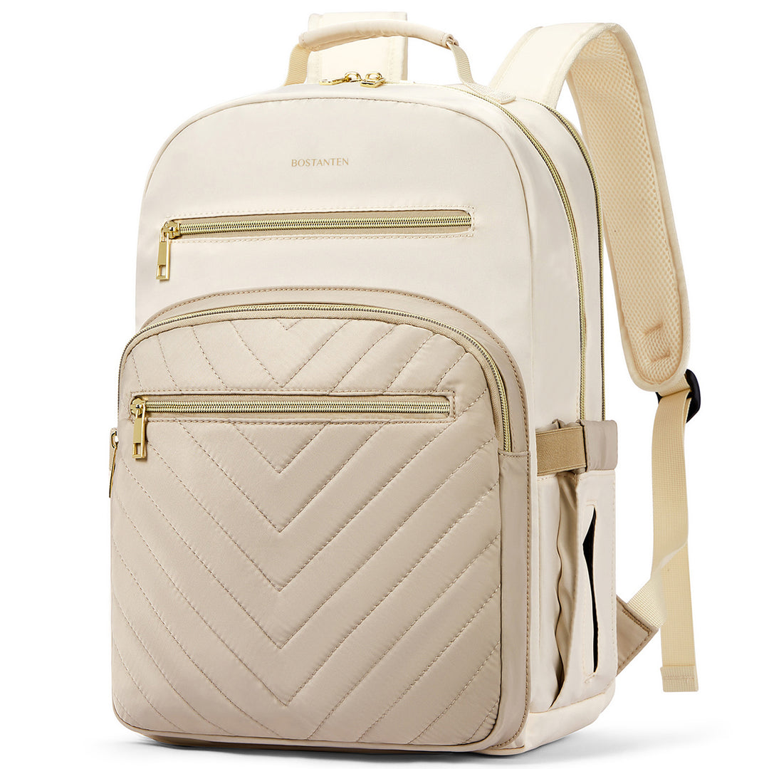 beige backpack laptop Minoru Chic and Expansive Quilted Patchwork 15.6“ Laptop Backpack