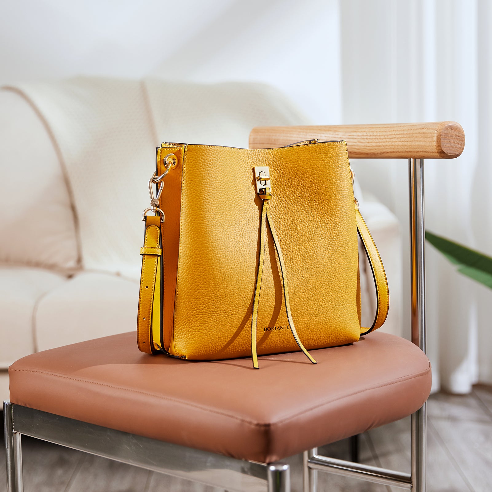 Versatile Tasseled Grained Leather Medium Bucket Bag | Bostanten