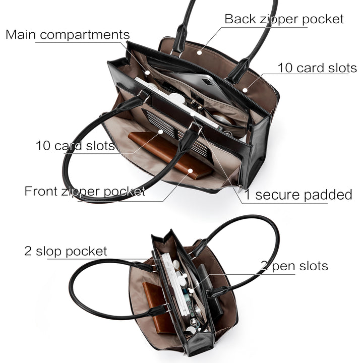 Carol Minimalist Leather Briefcase — Long shoulder strap