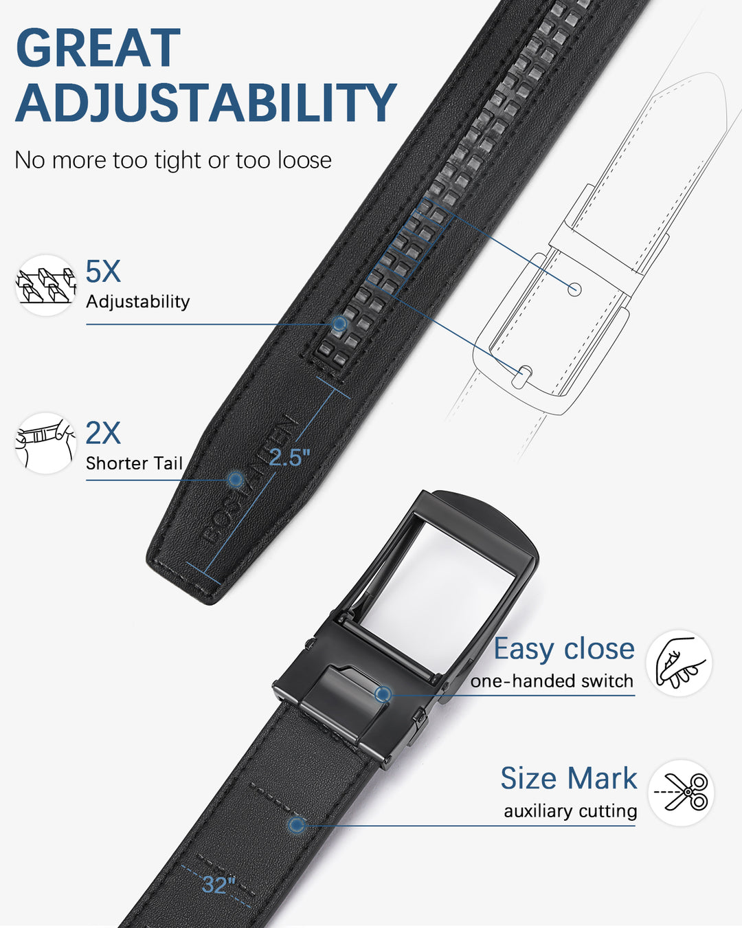 BOSTANTEN Ratchet Leather Belt For Men with Adjustable Buckle, Trim to Fit —Skeleton