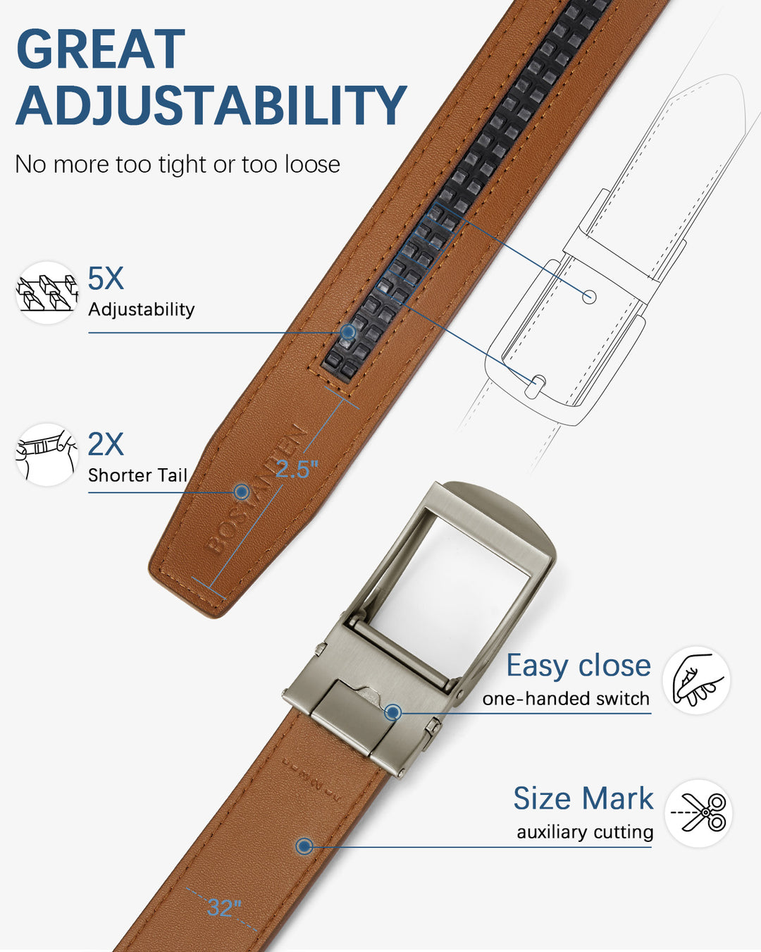 BOSTANTEN Ratchet Leather Belt For Men with Adjustable Buckle, Trim to Fit —Skeleton