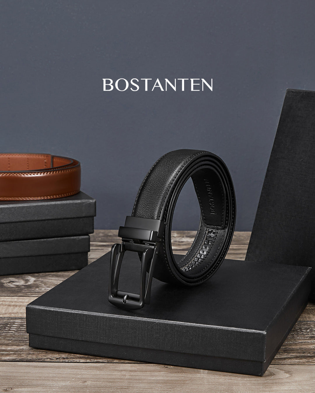 BOSTANTEN Ratchet Leather Belt For Men with Adjustable Buckle, Trim to Fit —Skeleton