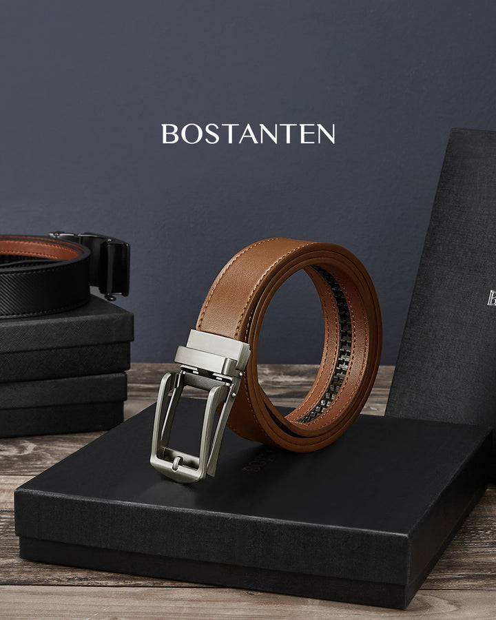 BOSTANTEN Ratchet Leather Belt For Men with Adjustable Buckle, Trim to Fit —Skeleton