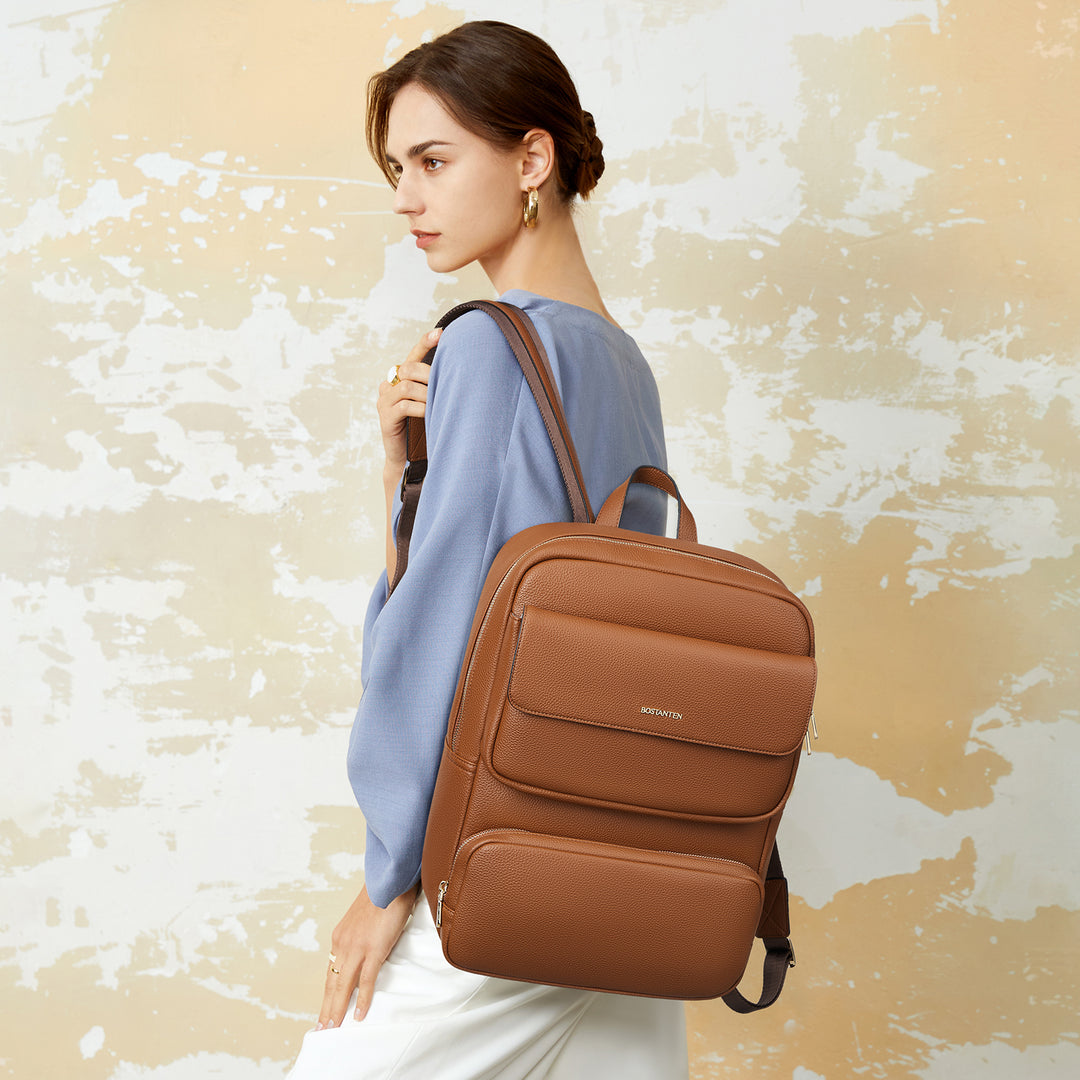 bostanten genuine leather backpack purse fashion Sleek Women's 15.6" Laptop Leather Backpack