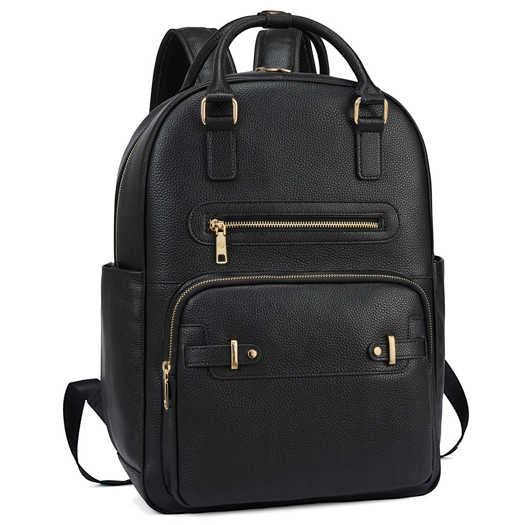 balck leather backpack purse Smart Genuine Leather Laptop Backpack with Expandable Bottle Pocket