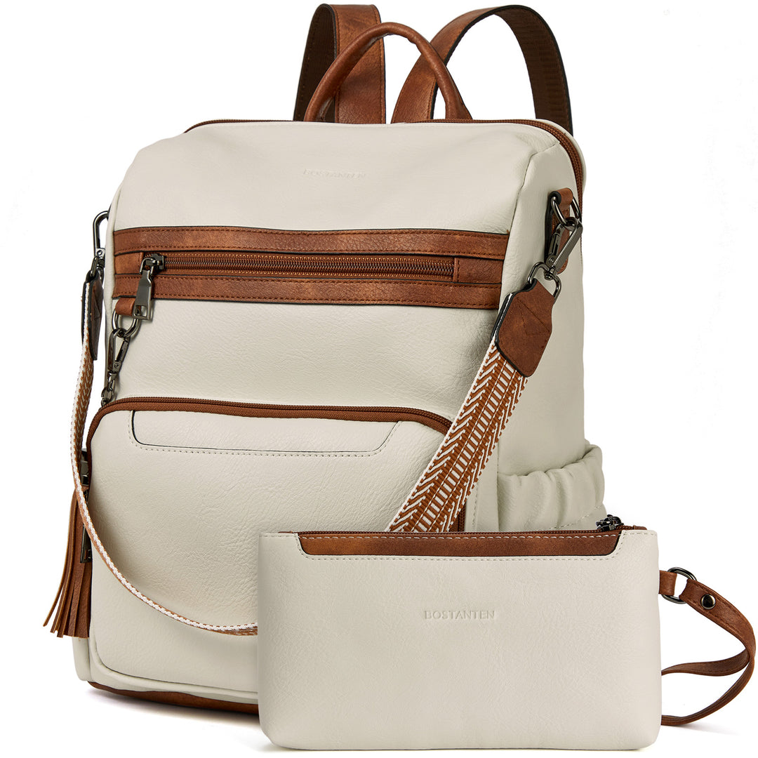 cream colored leather convertible backpack purse BOSTANTEN Backpack Purse for Women Genuine Leather Fashion Travel Backpack College Casual Bag, 15.6‘ Laptop Size
