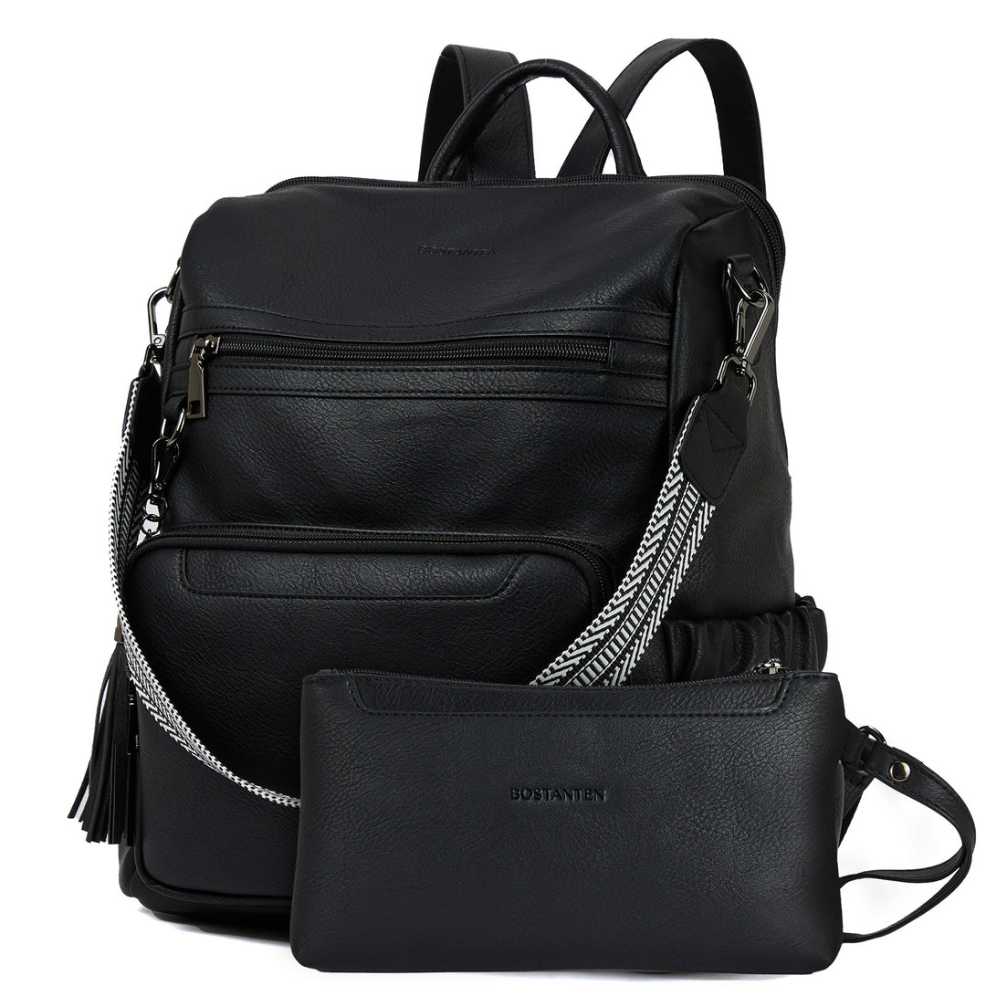 black leather zip top backpack with tassel Nombongo Black Backpack Purse — Bostanten – BOSTANTEN