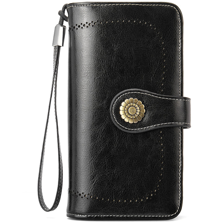 Lomy Leather Wallet For Women With Wristlet - Black