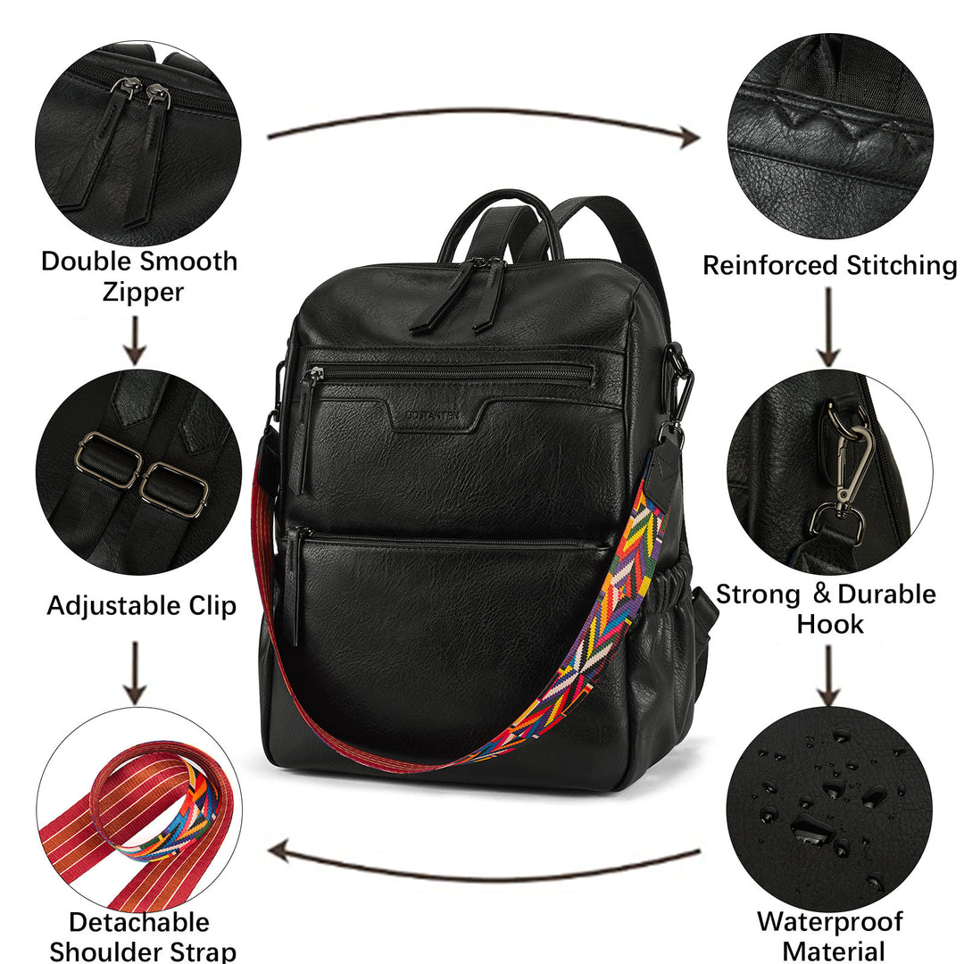 black leather backpack shoulder straps Nombongo Waterproof Leather Backpack with Colorful Convertible Strap