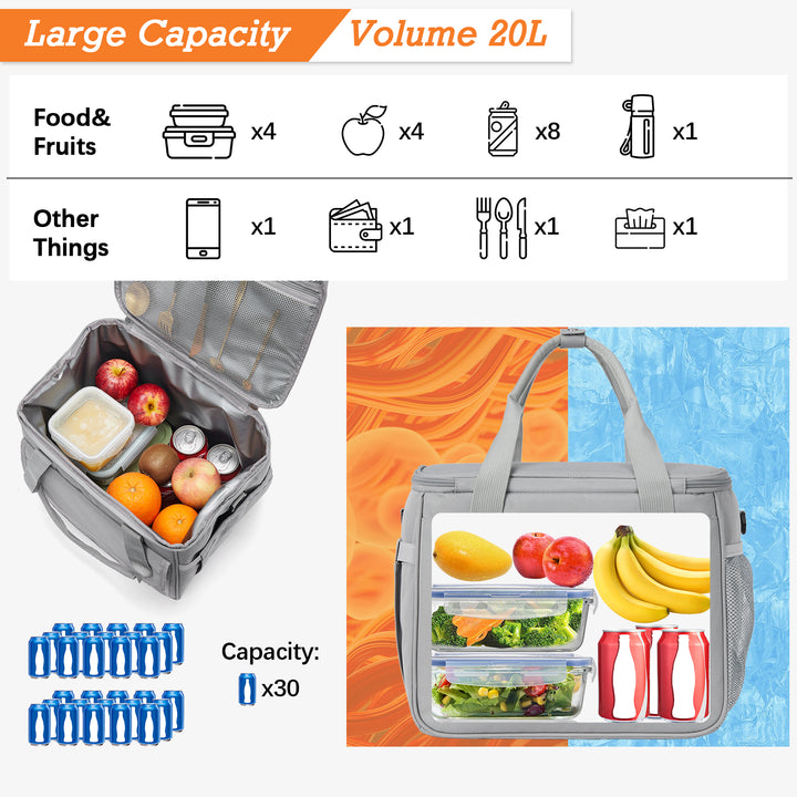 Cooler Bag, 30 Cans 20L Collapsible Soft Cooler Bag, Leakproof Beach Cooler Bag Portable Ice Chest with Bottle Opener, Insulated Lunch Bag for Picnic, Beach, Camping, Travel, Work, Grey