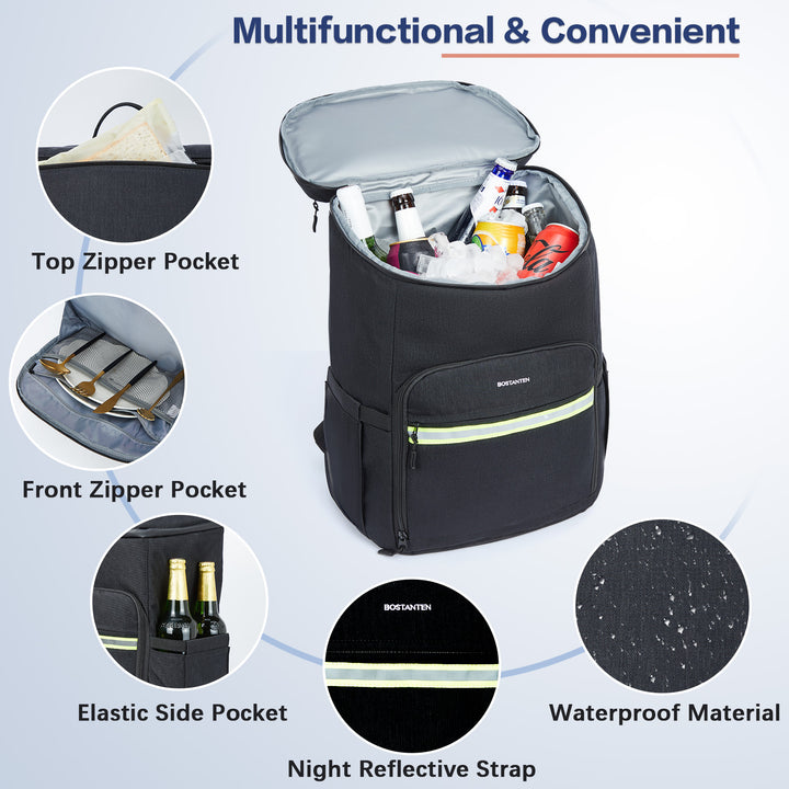 Backpack Cooler - 30 Cans Leakproof Insulated Cooler Backpack with Trolley Sleeve, Lightweight Soft Cooler Bag