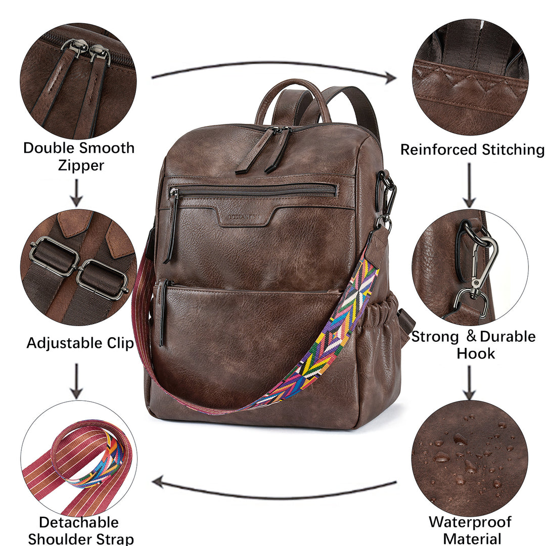 Nombongo Waterproof Leather Backpack with Colorful Convertible Strap