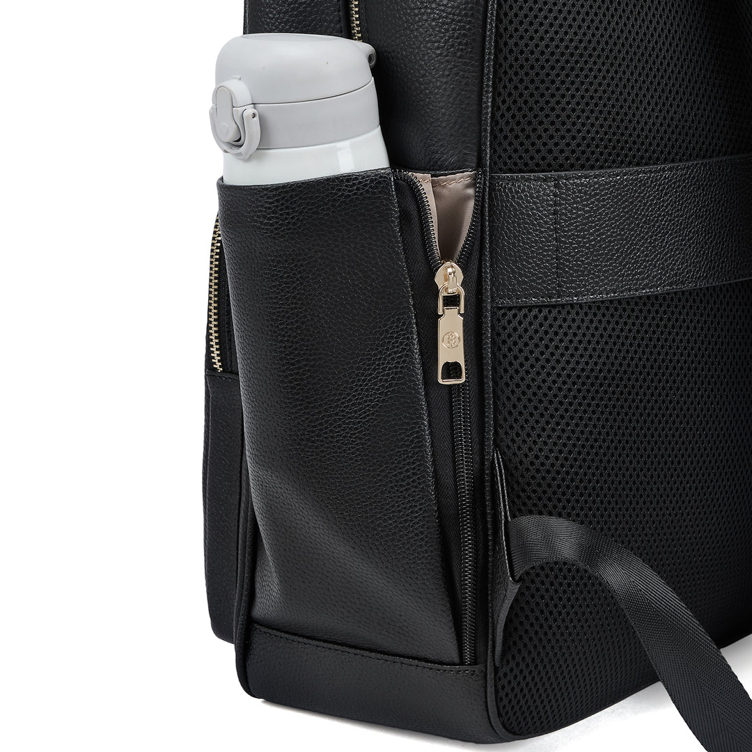cheap real leather backpack with side pockets for bottles Smart Genuine Leather Laptop Backpack with Expandable Bottle Pocket