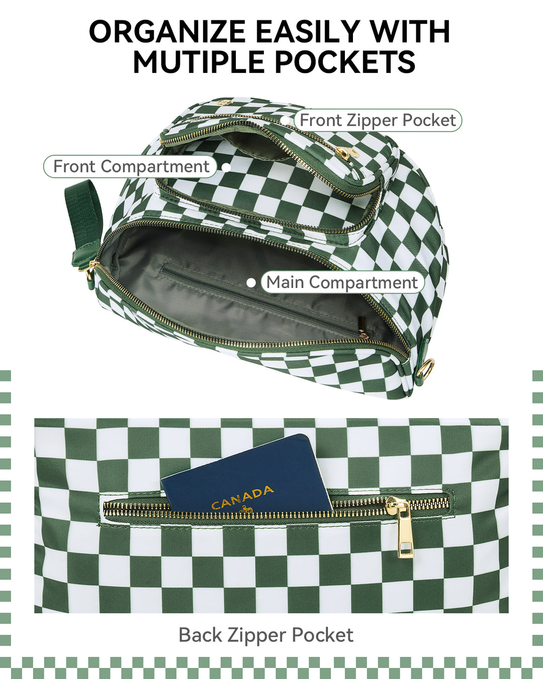 NOVA Checkered Leather Bum & Crossbody Bag – RFID Protected