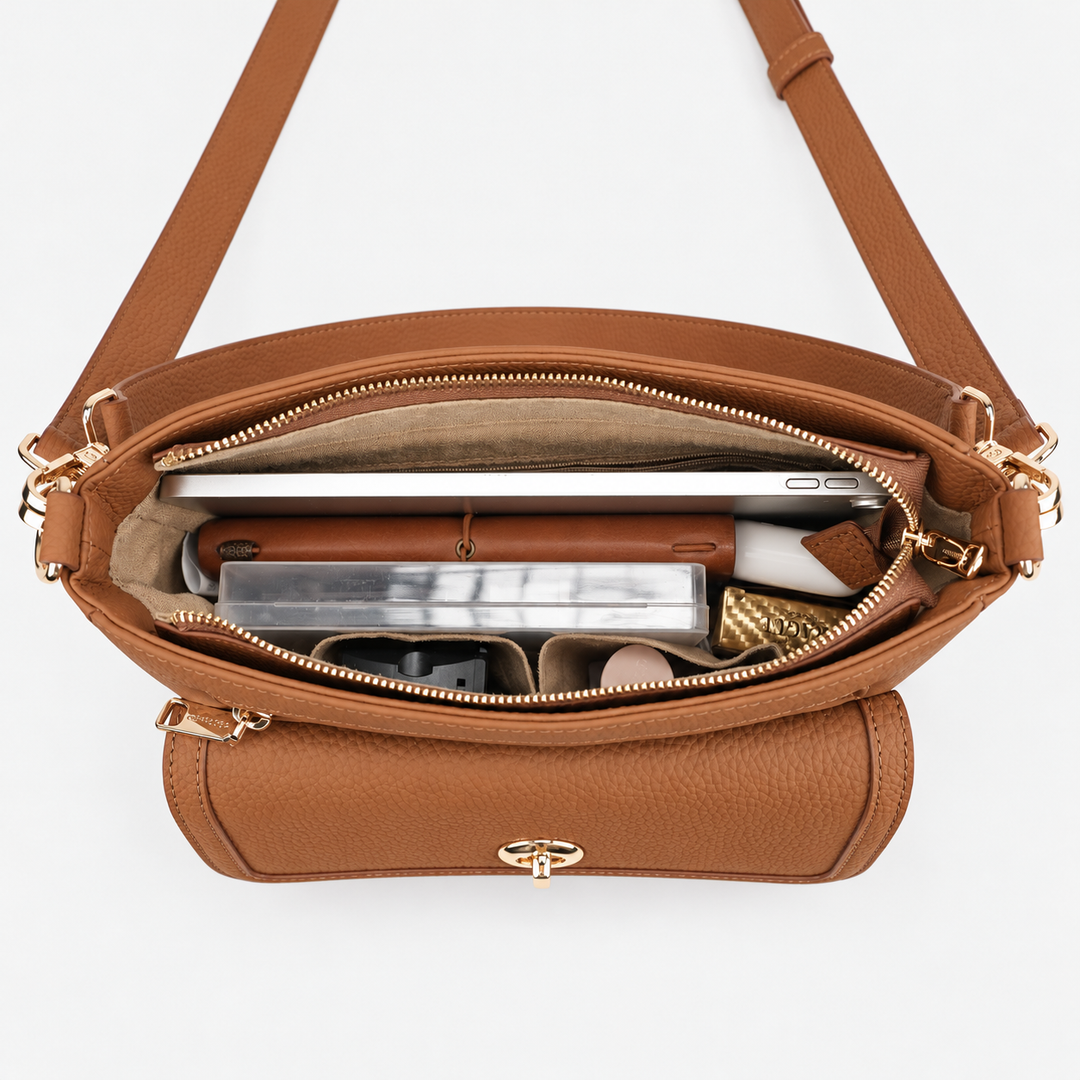 Turn Lock Flap Messenger Crossbody - Pebbled Leather