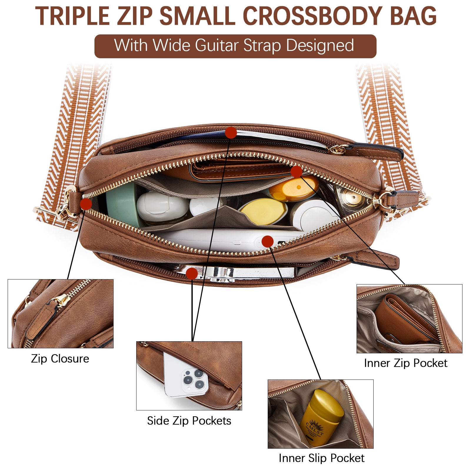 Triple Zip Cell Phone Leather Handbag - Organize Your Essentials