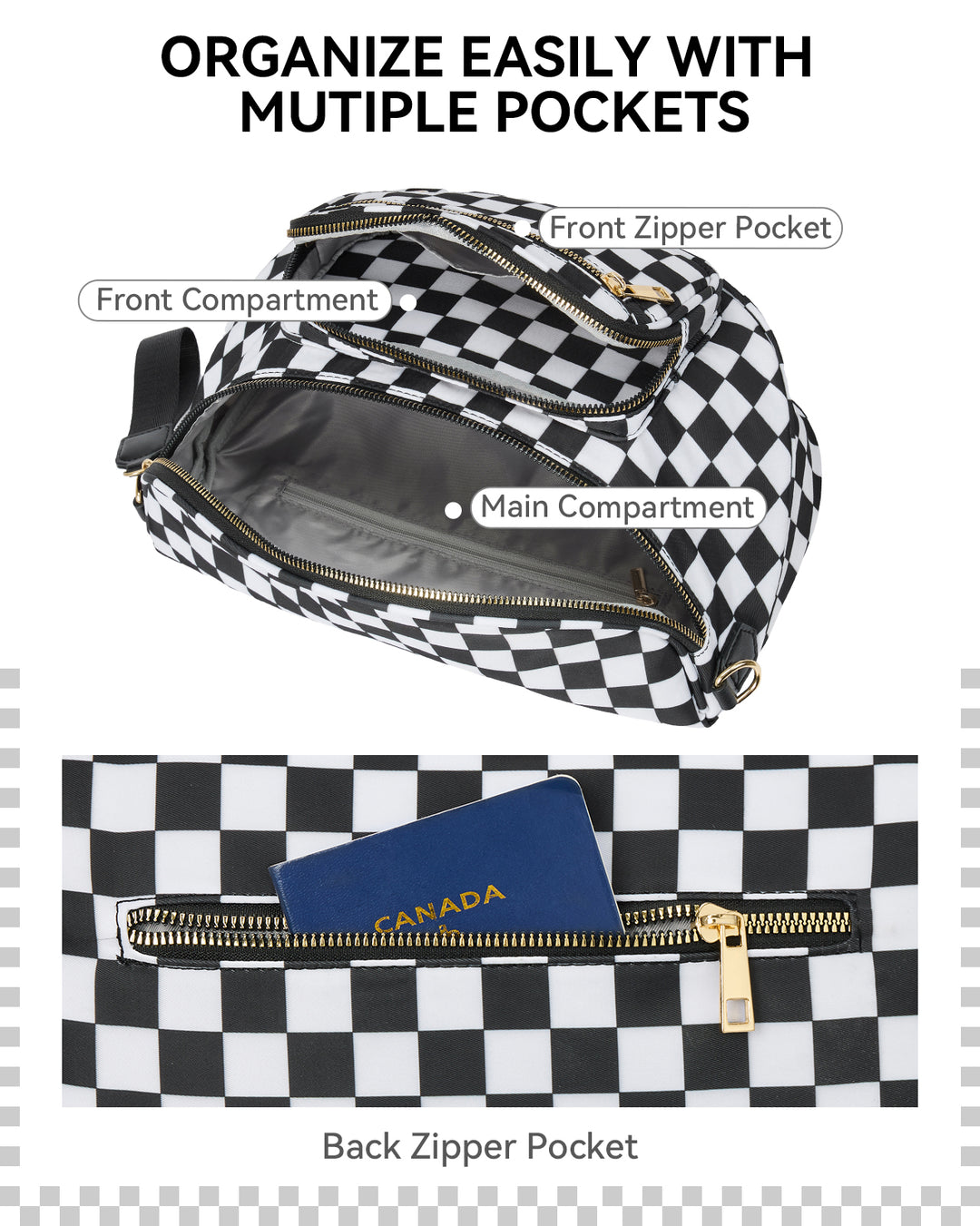 NOVA Checkered Leather Bum & Crossbody Bag – RFID Protected