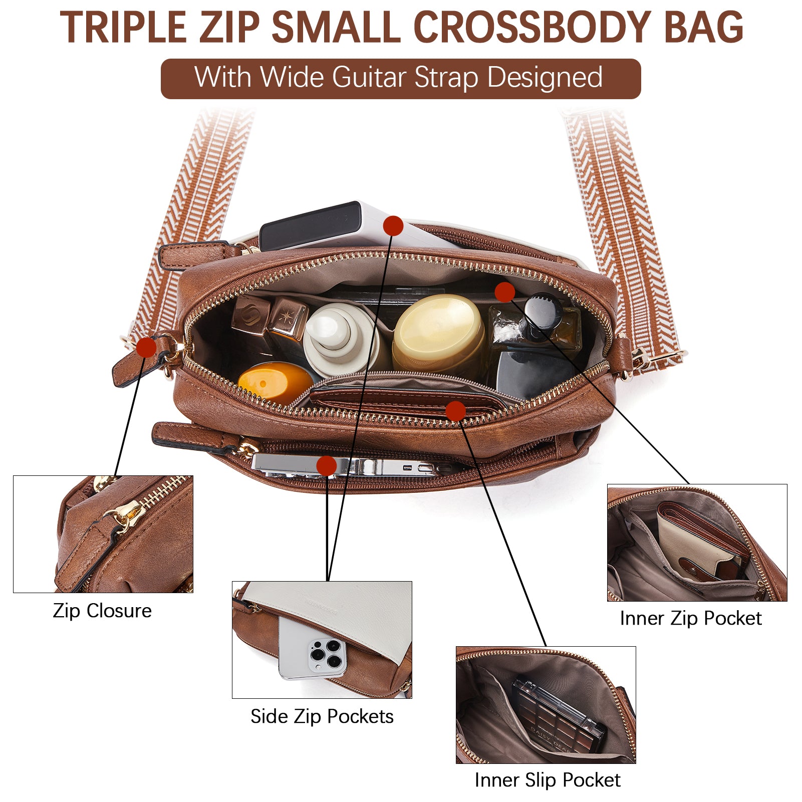 Triple Zip Cell Phone Leather Handbag - Organize Your Essentials