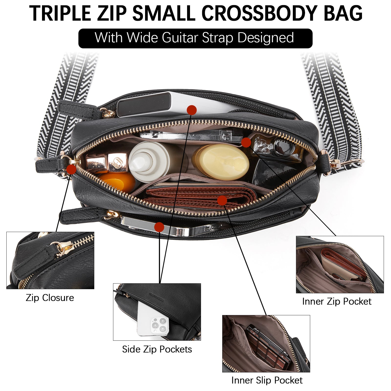 Triple Zip Cell Phone Leather Handbag - Organize Your Essentials