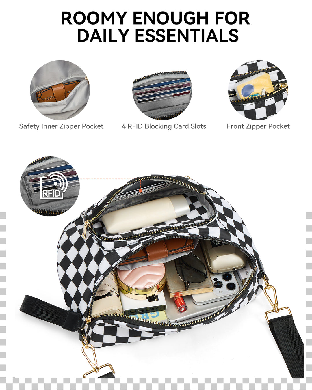 NOVA Checkered Leather Bum & Crossbody Bag – RFID Protected