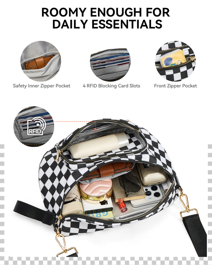 NOVA Checkered Leather Bum & Crossbody Bag – RFID Protected