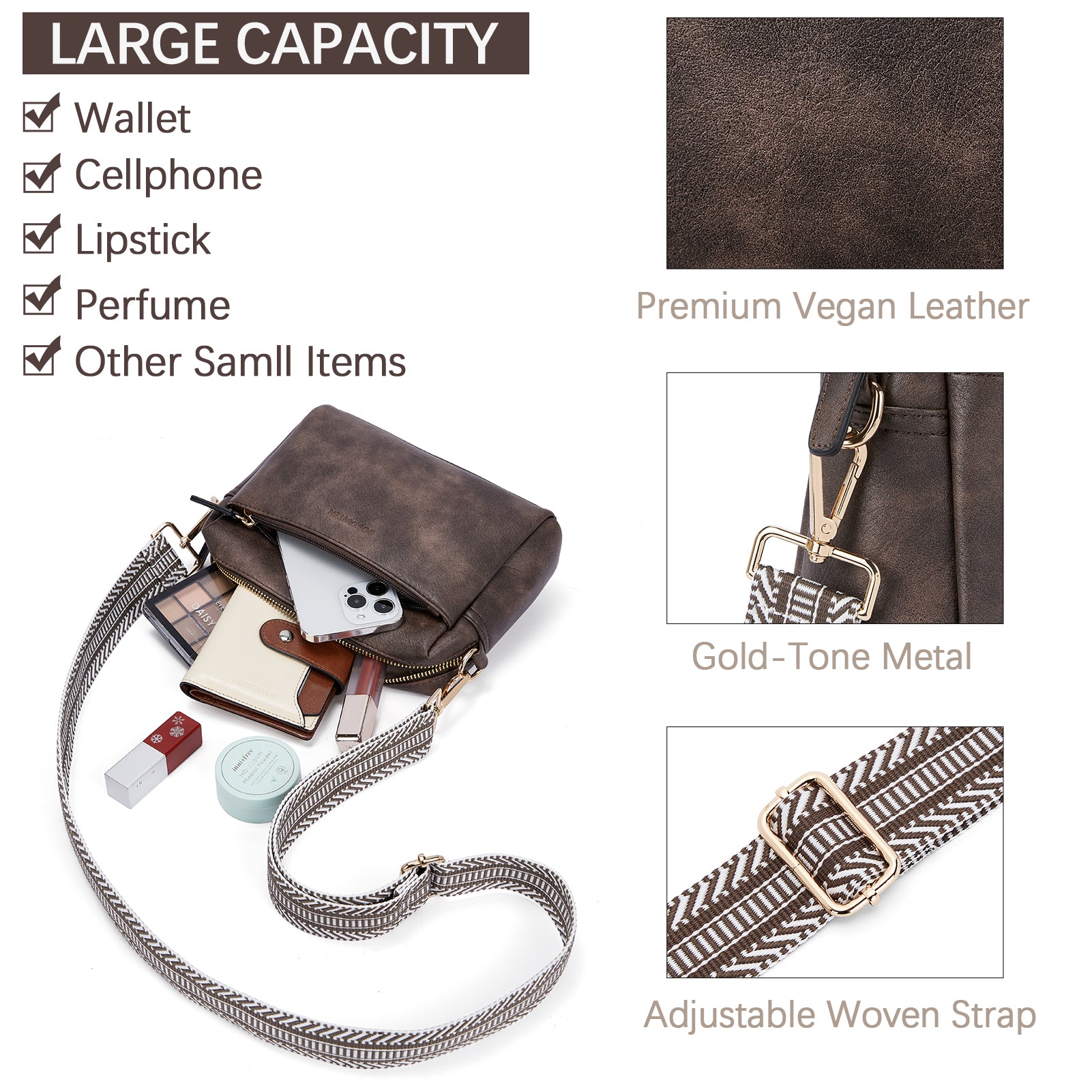 Triple Zip Cell Phone Leather Handbag - Organize Your Essentials