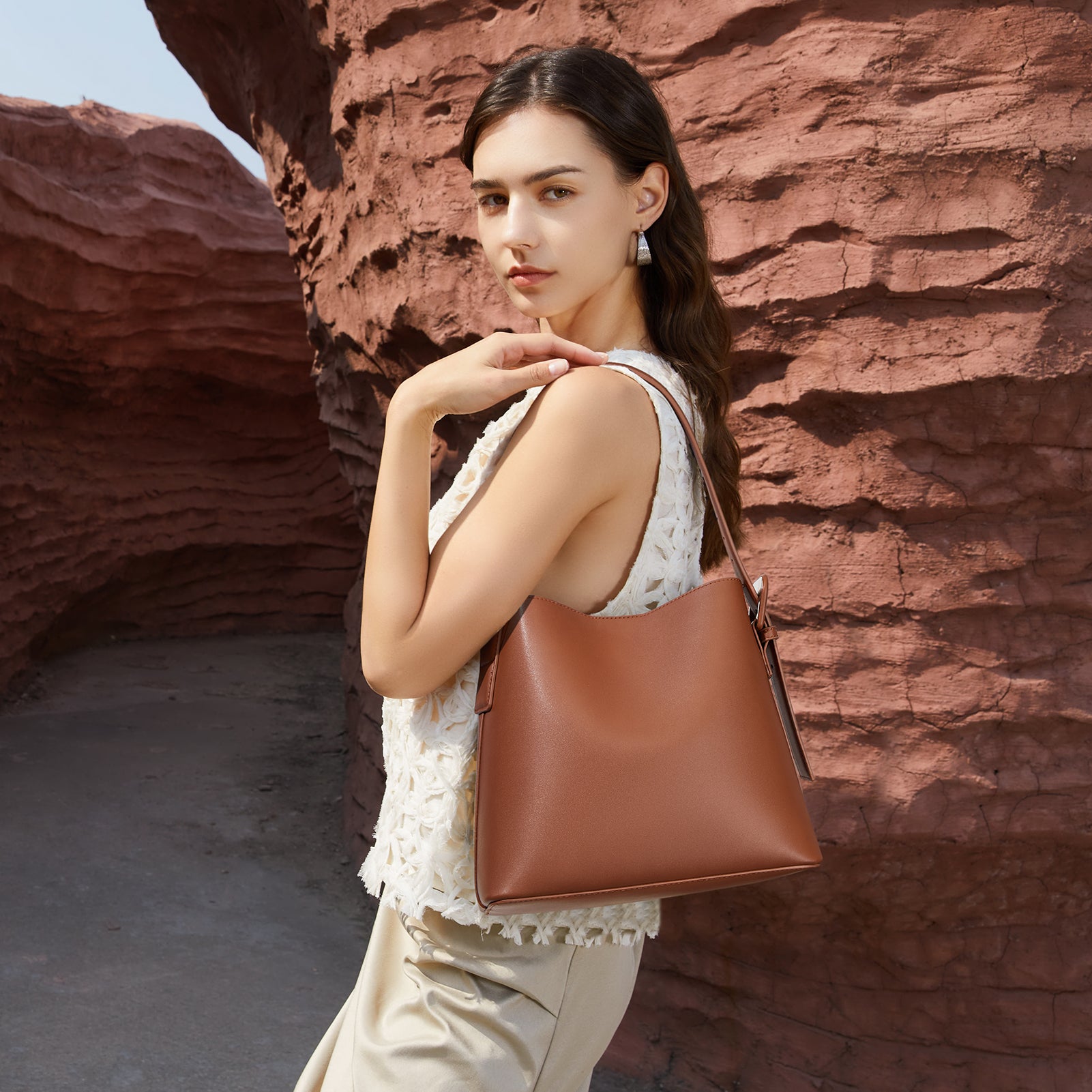 Lotty Soft Leather Chic Bucket Bag — Brown