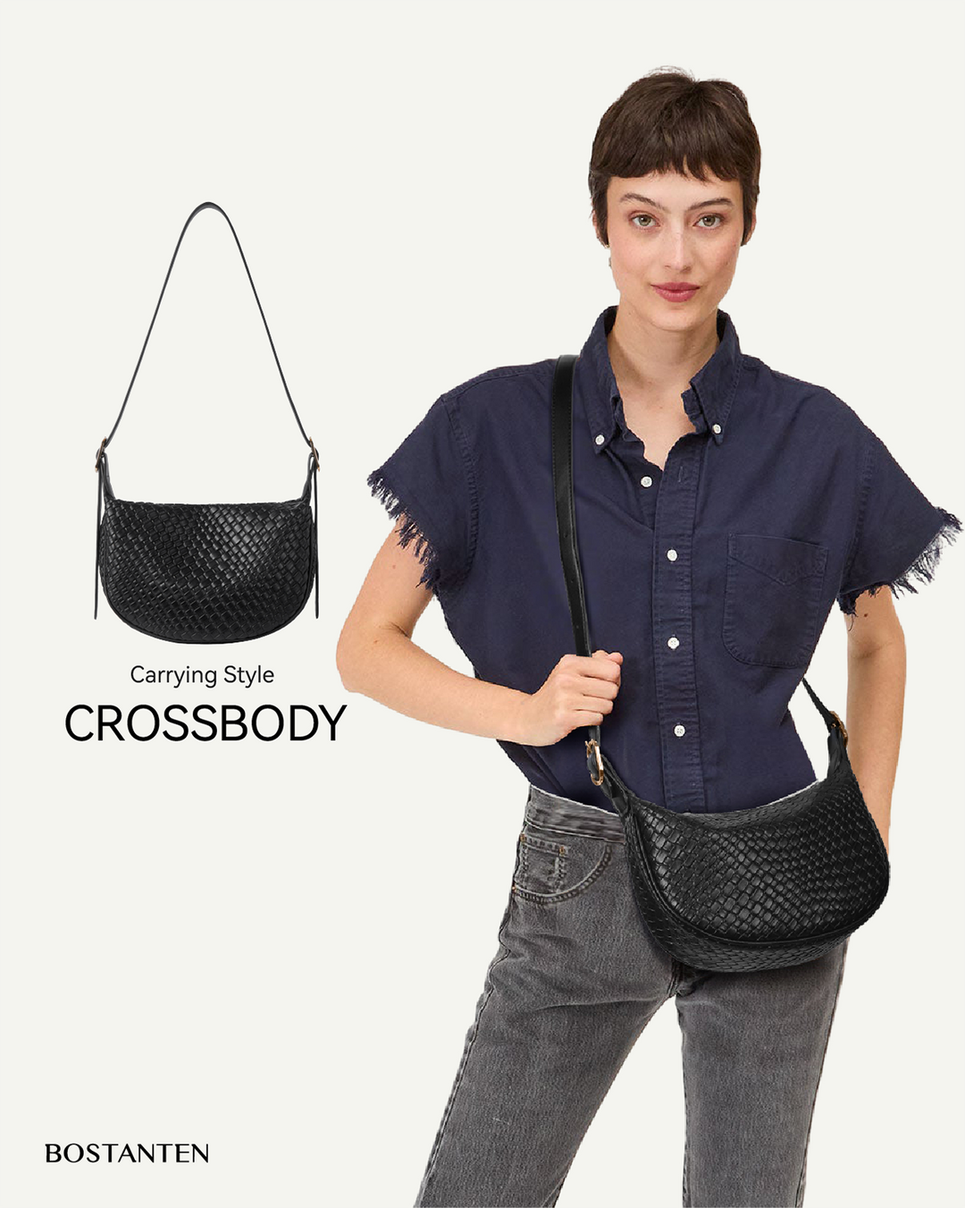 KWELI – Halbmond-Umhängetasche aus gewebtem Leder 