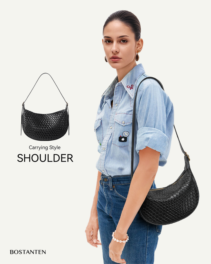 KWELI – Halbmond-Umhängetasche aus gewebtem Leder 