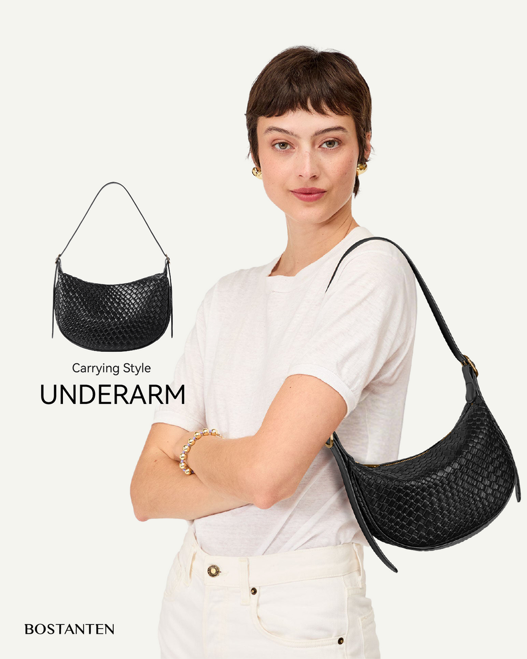 KWELI – Halbmond-Umhängetasche aus gewebtem Leder 