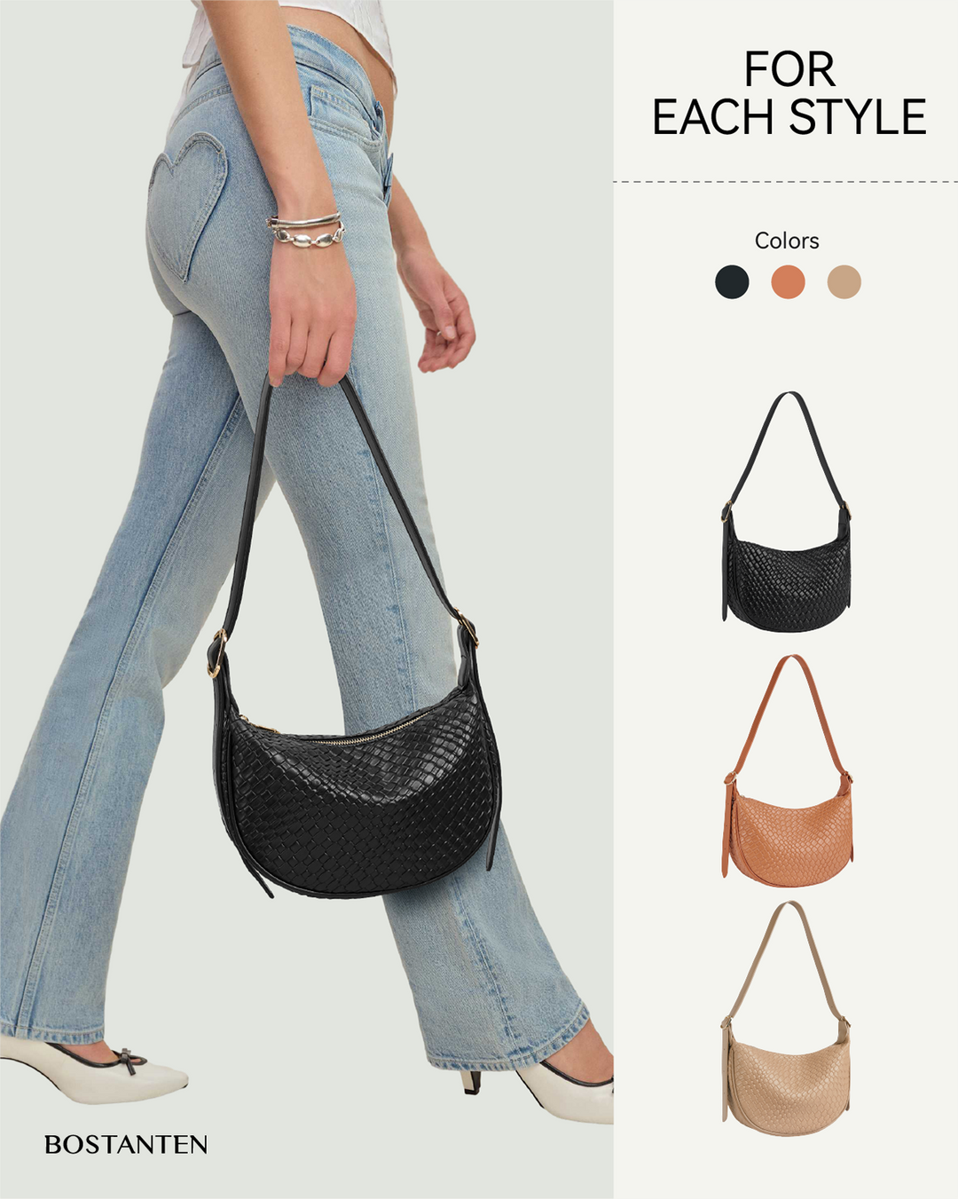 KWELI – Halbmond-Umhängetasche aus gewebtem Leder 