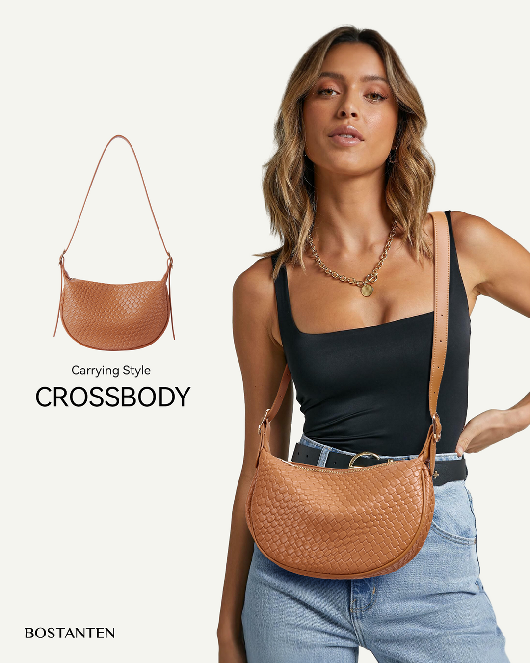 KWELI – Halbmond-Umhängetasche aus gewebtem Leder 