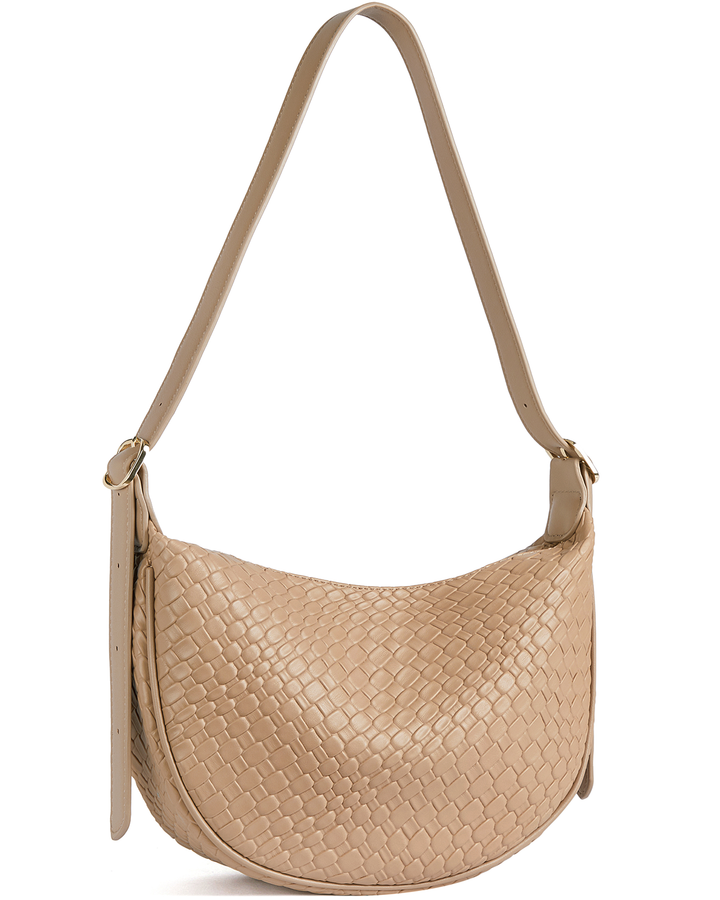 KWELI – Halbmond-Umhängetasche aus gewebtem Leder 