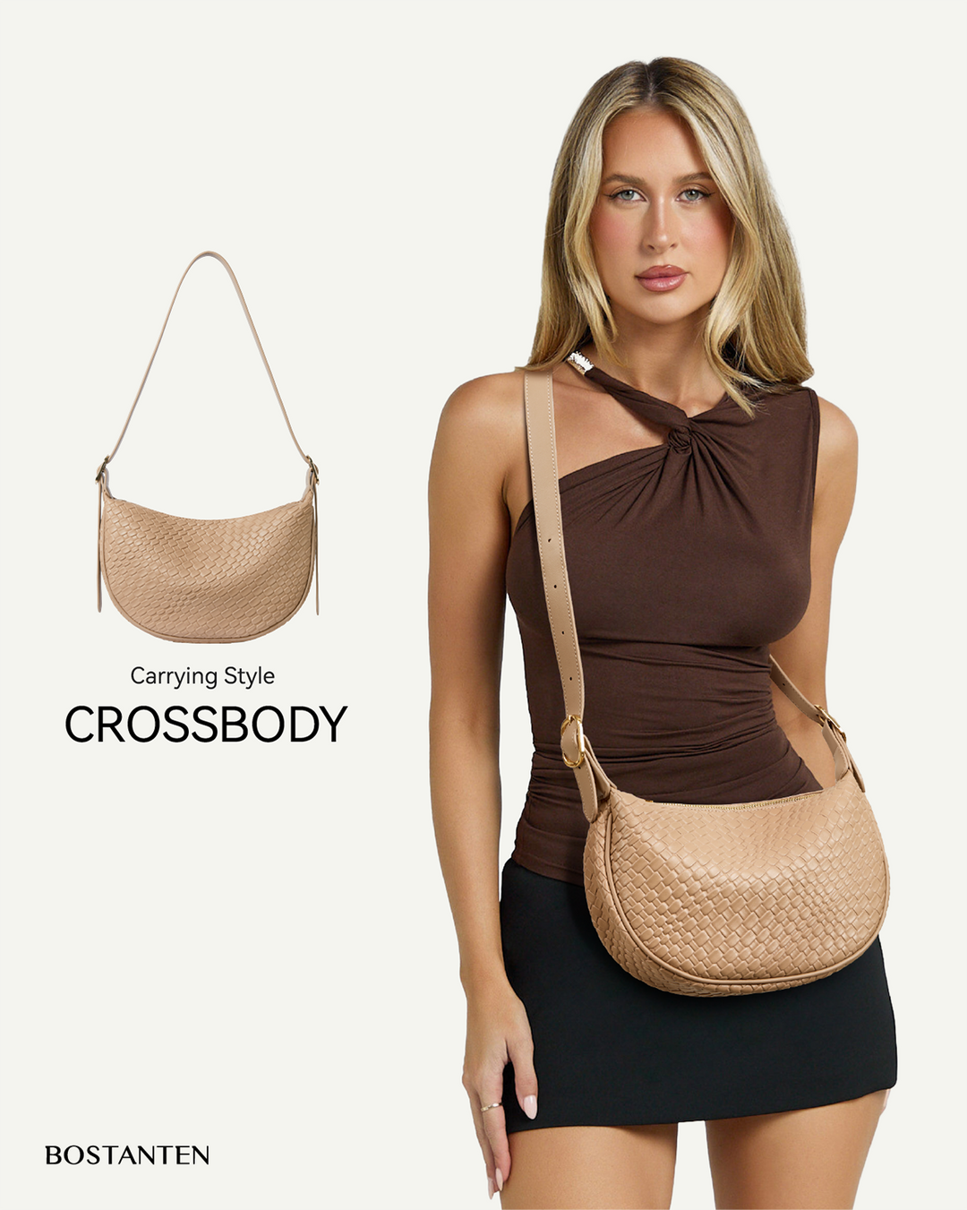 KWELI – Halbmond-Umhängetasche aus gewebtem Leder 