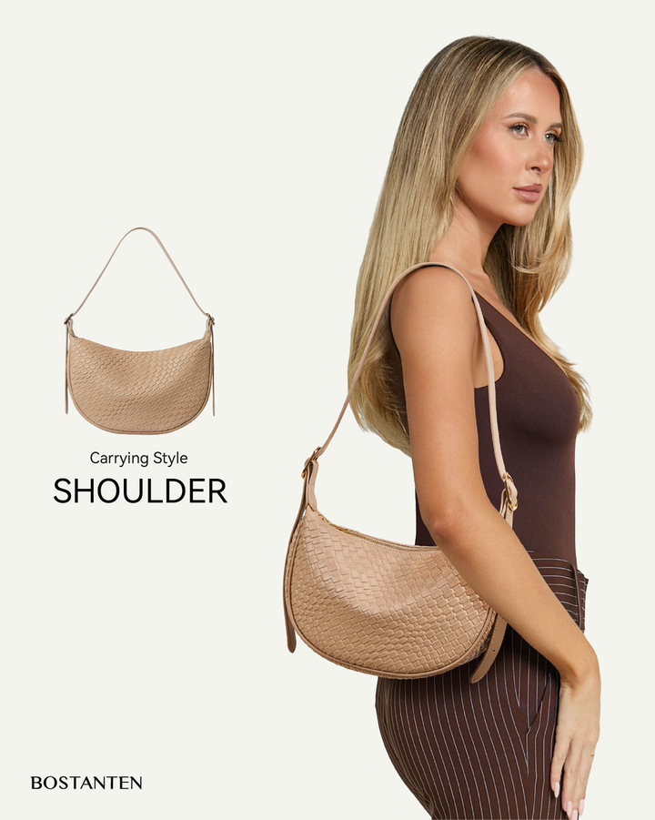 KWELI – Halbmond-Umhängetasche aus gewebtem Leder 