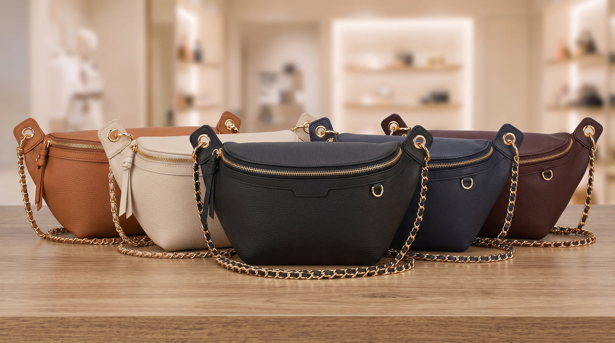 BOSTANTEN full grain leather crescent belt bag in five colors with golden chain straps