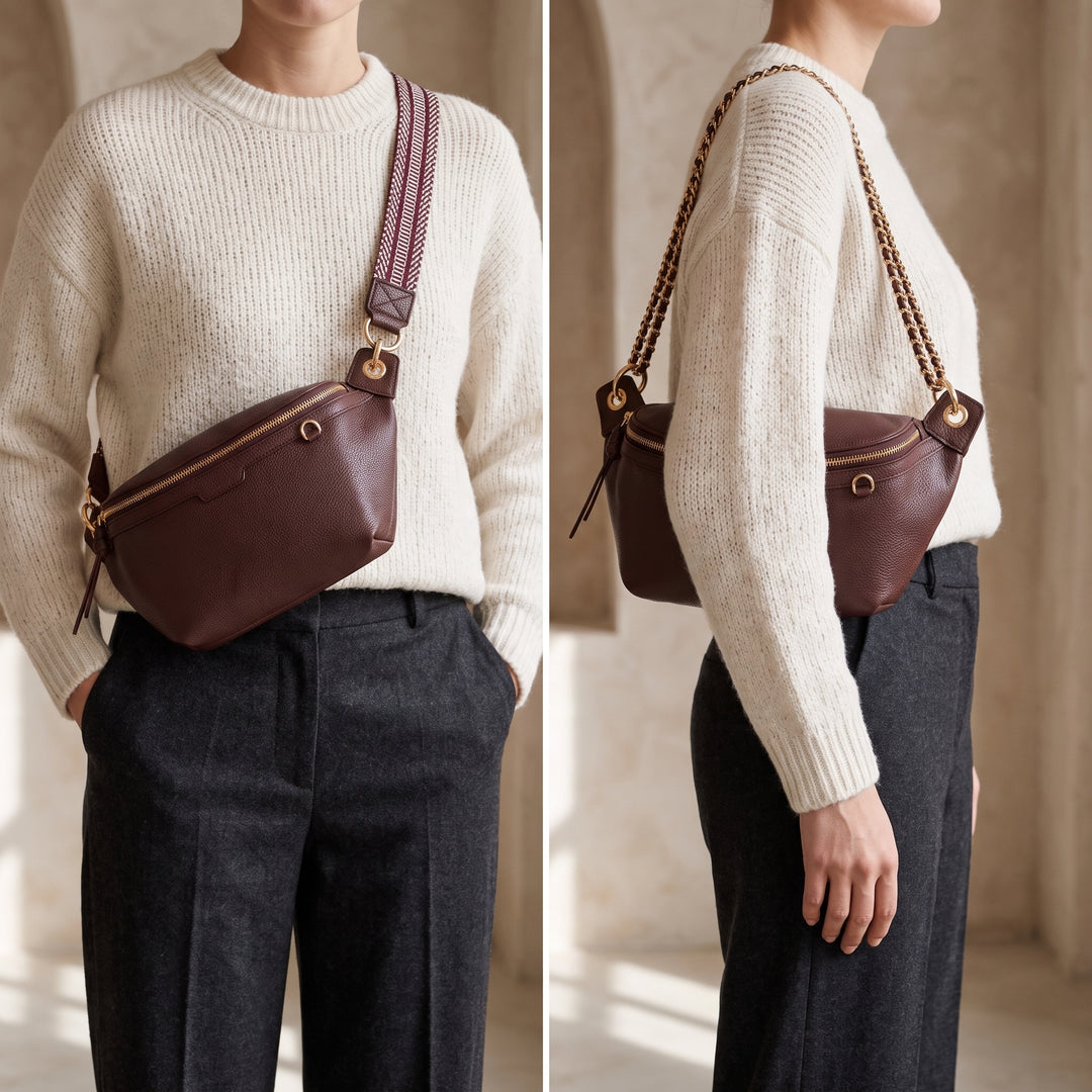 Model wearing the BOSTANTEN crescent belt bag crossbody with webbing strap and over the shoulder with chain strap
