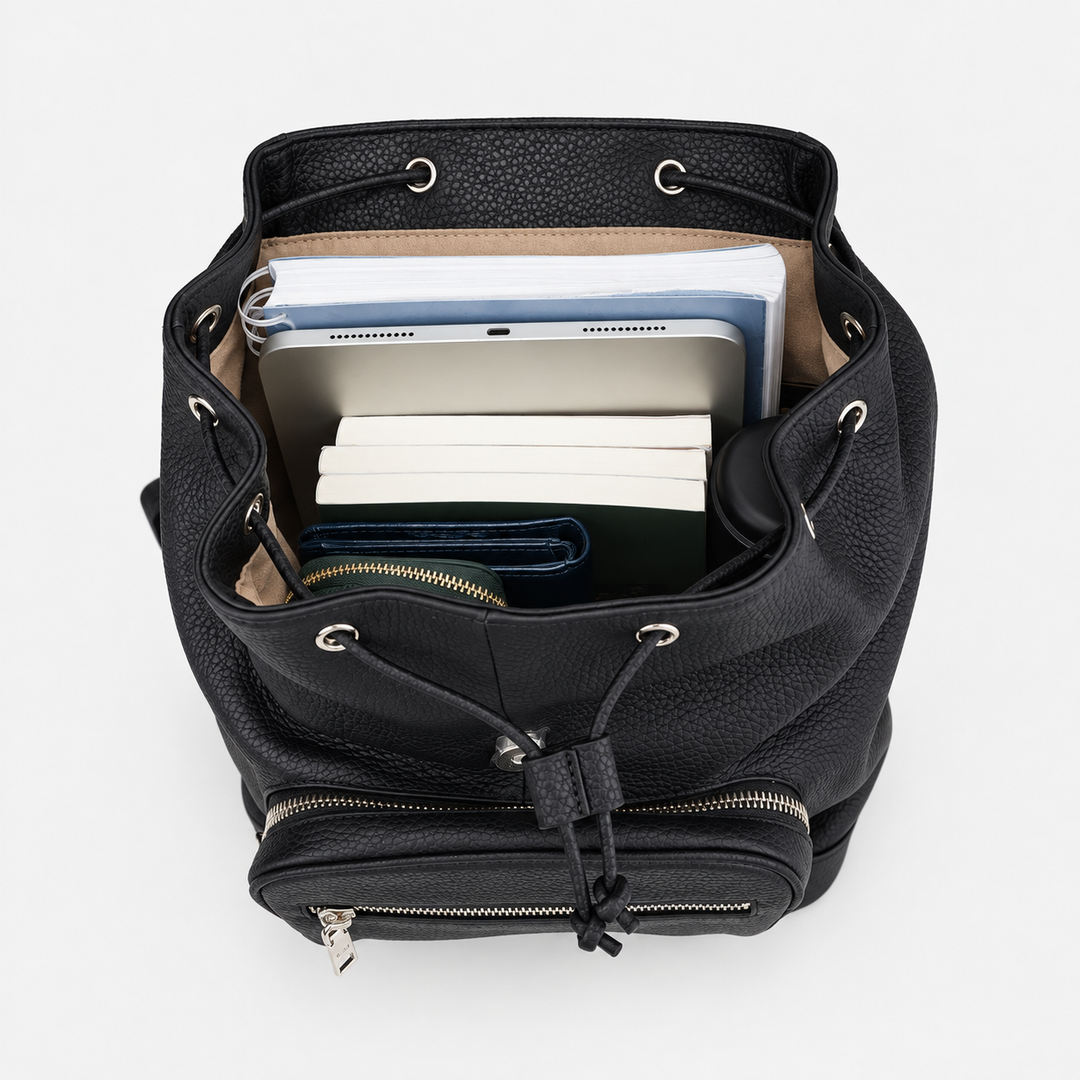 Pebbled Leather Flap Drawstring Backpack - Fits 11" iPad
