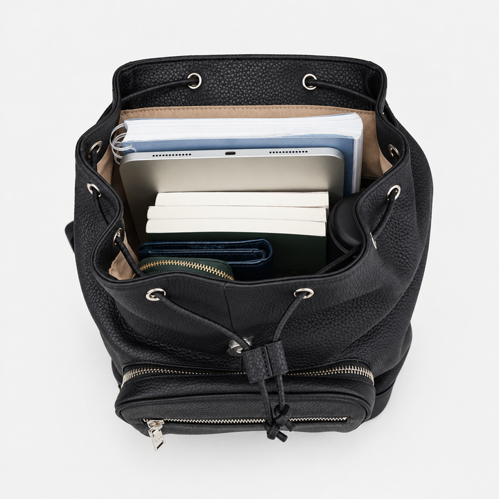 Pebbled Leather Flap Drawstring Backpack - Fits 11" iPad