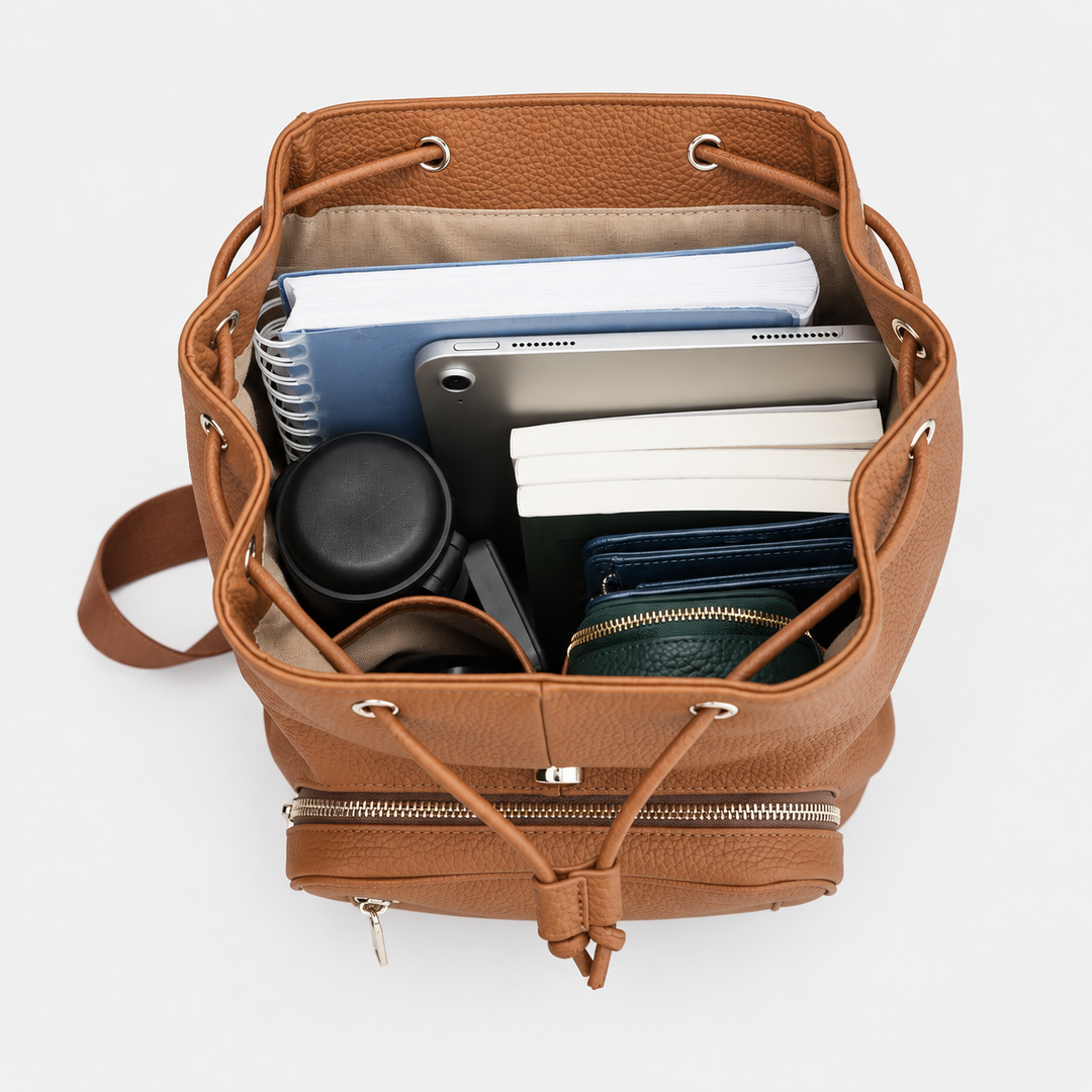Pebbled Leather Flap Drawstring Backpack - Fits 11" iPad