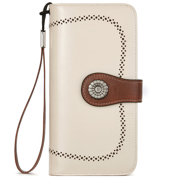Lomy Leather Wallet For Women With Wristlet - Beige With Brown