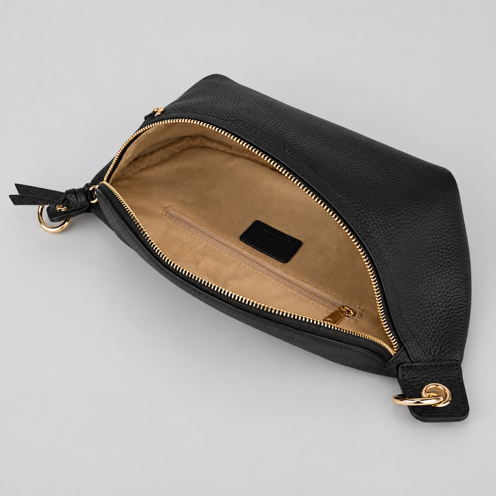 Chain Strap Zip Crescent Belt Bag Crossbody - Pebbled Leather in Black - view 1