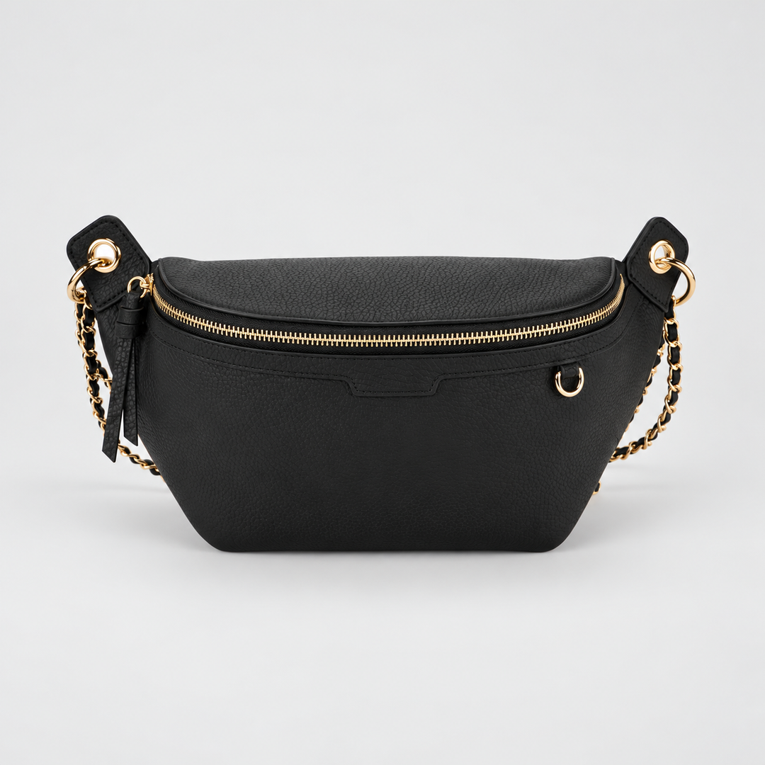Chain Strap Zip Crescent Belt Bag Crossbody - Pebbled Leather in Black - view 2