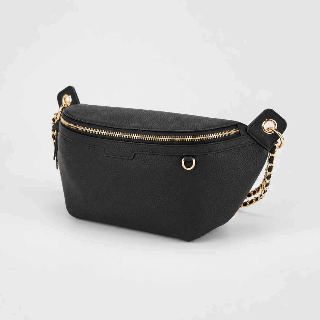 Chain Strap Zip Crescent Belt Bag Crossbody - Pebbled Leather in Black - view 3