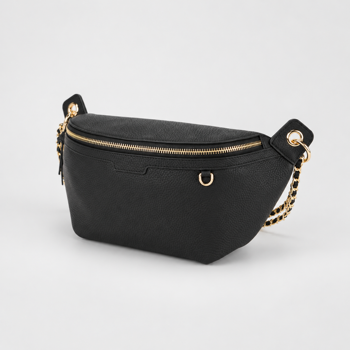 Chain Strap Zip Crescent Belt Bag Crossbody - Pebbled Leather in Black - view 3