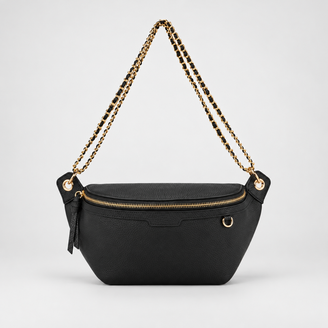 Chain Strap Zip Crescent Belt Bag Crossbody - Pebbled Leather in Black - view 4