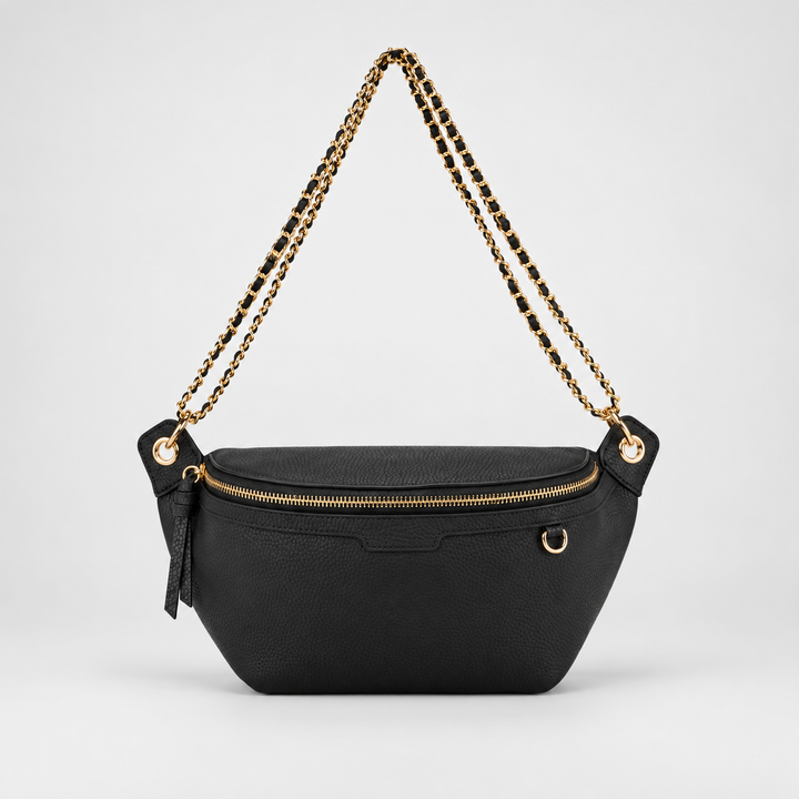 Chain Strap Zip Crescent Belt Bag Crossbody - Pebbled Leather in Black - view 4