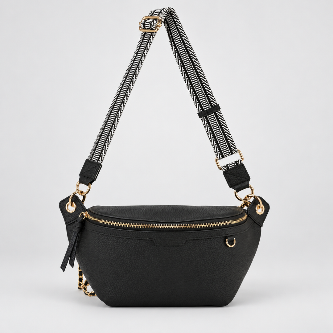 Chain Strap Zip Crescent Belt Bag Crossbody - Pebbled Leather in Black - view 6
