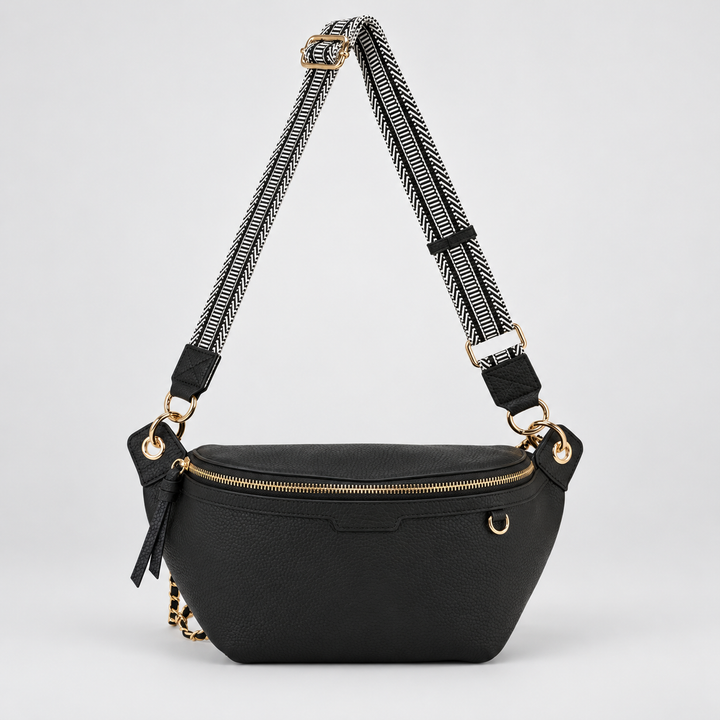 Chain Strap Zip Crescent Belt Bag Crossbody - Pebbled Leather in Black - view 6
