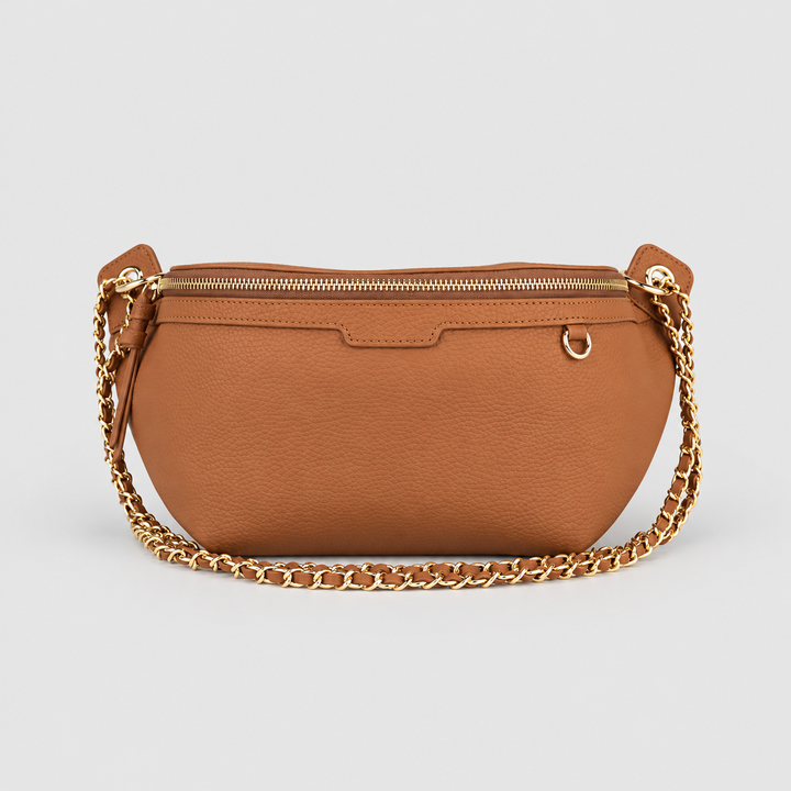 Chain Strap Zip Crescent Belt Bag Crossbody - Pebbled Leather in Brown - view 1